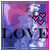 Pixelated square icon with pink border, purple-blue gradient background, black text "LOVE" and three overlapping pink hearts.
