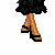 Pixel art icon showing a character's legs, torso, and head with red hair above flame graphics on white background.