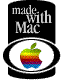 Black banner with 'made with Mac' text above a white oval containing a rainbow-colored Apple logo in various states of distortion and pixelation.