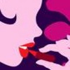 A stylized anime-style profile icon shows a woman's face in profile with red lips, dark hair, and a red bow, set against a pink background.