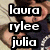 A static image shows four people lying on a bed with text overlays listing names and 'my bffld' in bold white letters.
