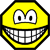 A yellow octagonal smiley face with large white eyes and a wide toothy grin, outlined in black pixels on a gray background.