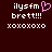 Dark red background with white pixelated text reading 'ilysfm brett!!! xoxoxoxo' and a pink heart symbol replacing the letter 'i' in 'ilysfm'.
