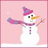 Pixelated snowman with pink hat and scarf, orange carrot nose, black eyes, and outstretched arms on pink background.