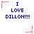 Pixelated text 'I LOVE DILLON!!!!' with red star and dotted line animations on white background.