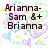 Pixelated text reads "Arianna-Sam &+ Brianna" on left and "happen to be my BFFL =)" on right over pastel floral background with hearts.