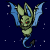 A 4-frame animated contact sheet showing a green bat-like creature with blue wings and tail, red eyes, and a curled tail against a starry night background in various flying poses.