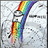 Rainbow arc with cloud and unicorn with rainbow tail on gray background.