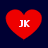 Four red heart shapes with white 'JK' text centered on each, arranged in a on a dark blue background