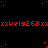 Red pixelated text repeats horizontally across a black background with scattered red dots, partially obscured by a gray rectangle in the bottom-right corner.