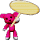 Pixelated pink cartoon character holding a yellow oval sign, with one version displaying 'NEW' text on the sign.