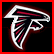 Pixelated Atlanta Falcons logo with red and black wings on a dark background, next to a blurred football player in white uniform with number 7.