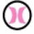 A circular icon with a black border containing two pink crescent shapes on a white background.