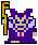 Pixel art character with purple robe, yellow face, red mouth, and golden staff; two side-by-side frames show slight pose variation.
