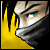 A character with dark hair and a gray scarf covering the lower face, set against a yellow background with black vertical lines.