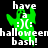Green ghost icon with pixelated smiley face and text 'have a :)(: halloween bash!' on black background, showing animation variation in green glow intensity.