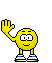 Yellow circular character with white eyes and blue shoes waves left hand while saying "Hi-ya!" in speech bubbles