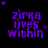 Purple pixelated text 'zirka lives within' on black background with scattered purple stars, animated star positions across frames.