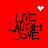 Red background with four identical black text blocks reading LIVE LAUGH LOVE, each accompanied by a white pixelated symbol above.