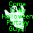 Green text reads 'Come To My Halloween Partayy Guys!' over a black background with two ghost figures, one white and one gray, in pixelated style.