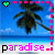Animated contact sheet of a tropical beach icon with palm trees, blue sky, and pink text showing 'paradise' across multiple frames with heart icons changing color and position.