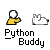 A pixelated animation of a yellow-shirted figure and white rabbit with red splatter effects, each frame labeled "Python Buddy" below.