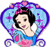 Pixelated cartoon character with black hair and pink headband in blue dress, framed by purple heart-shaped border with pink hearts and purple stars.