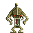 Pixel art creature with brown segmented body, red glowing eyes, and open mouth showing red interior, standing against gray background.