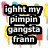Six distinct text-based buddy icons arranged in a , each with unique background colors and styles