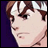 Pixelated anime-style character face with brown hair and white highlights, side profile against dark background with text elements.