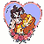 Heart-shaped icon with a colorful border containing two animals, one dark and one light, positioned closely together inside a light blue background.