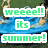Green pixelated text reads 'weeee!! its summer!' over a blue watercraft with people on grass.