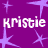 Purple background with light purple starbursts and repeated white text 'kristie' in pixelated font.