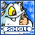 Pixelated cartoon character with large yellow eyes and red pupils, holding a small object, against blue background with white snowflakes, text 'SMICKLE' below.