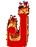 Red stylized J-shaped symbol with orange-yellow flames at top and left curves, set against light gray background.
