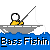 Pixelated animation of a character fishing in a boat, showing progression from casting to catching a fish with text below.