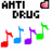 Static image of 'ANTI DRUG' text with four colored musical notes in two , each note having a distinct color and orientation