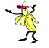 Pixelated character with yellow body, black limbs, and red headpiece in dynamic pose against white background.