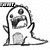 A cartoon character with a rounded head, single eye, and open mouth appears in four showing motion