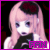 Pixelated anime-style character with light pink hair and dark roots, wearing a black top, against a dark background with purple border.