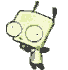 Animated sequence of a light green cartoon character with large circular eyes and two antennae, shown in multiple poses against a gray background.