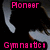 Pixelated icon with pink text 'Pioneer' and 'Gymnast' on black background, featuring partial gymnastic apparatus elements.