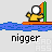 Animated pixel art sequence showing a yellow character on an orange raft in blue water, with a green-and-orange flag, displaying motion changes including a shark, falling object, and text variations.