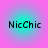 Four identical square icons arranged in a , each displaying 'NicChic' text over a cyan-to-purple gradient background with a pink outer border