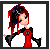 Pixelated character with red and black hair, wearing a black outfit with red accents, standing in profile against gray background.