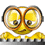Yellow cartoon character with large round eyes and orange-rimmed glasses, positioned behind a black-and-white striped barrier on gray background.