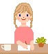 Pixel art of a girl with blonde braided hair writing at a desk, wearing a pink shirt, with a white mug and potted plant on the desk against a gray background.