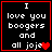 Four identical black square with red borders display white pixelated text reading "I love you boogers and all joje" alongside a red heart symbol