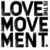 Black text on white background with a gray rectangle, arranged in four of 'LOVE MOVE MENT.' repeated twice horizontally and vertically