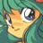 Pixelated anime-style character with teal hair and large eyes, side profile against black background with text elements.